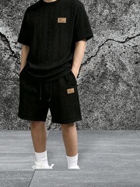 Men's Black Cable-Knit Athletic Drawstring Shorts